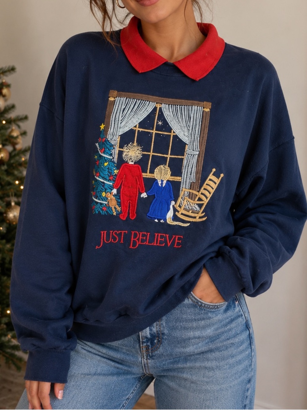 vintage 1990s Brindar "Just Believe" Christmas sweatshirtnavy blue red collar lg